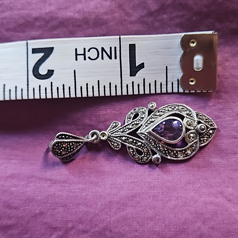 Vintage sterling silver retro marcasite 1.75" pendant with teardrop amethyst - Picture 4 of 8